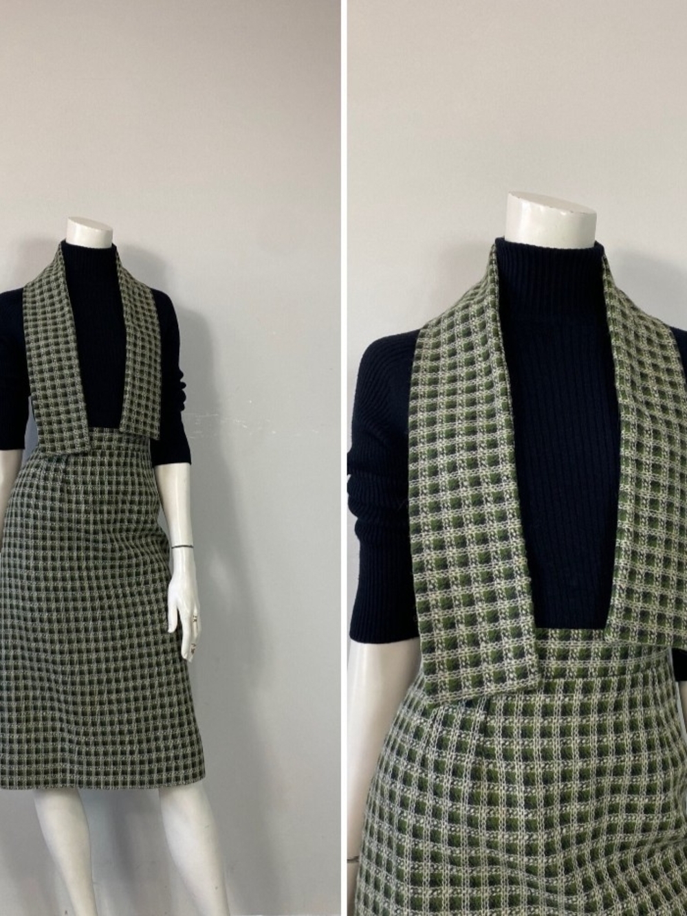 Vintage Green Plaid Knit Skirt With Matching Scarf (S)